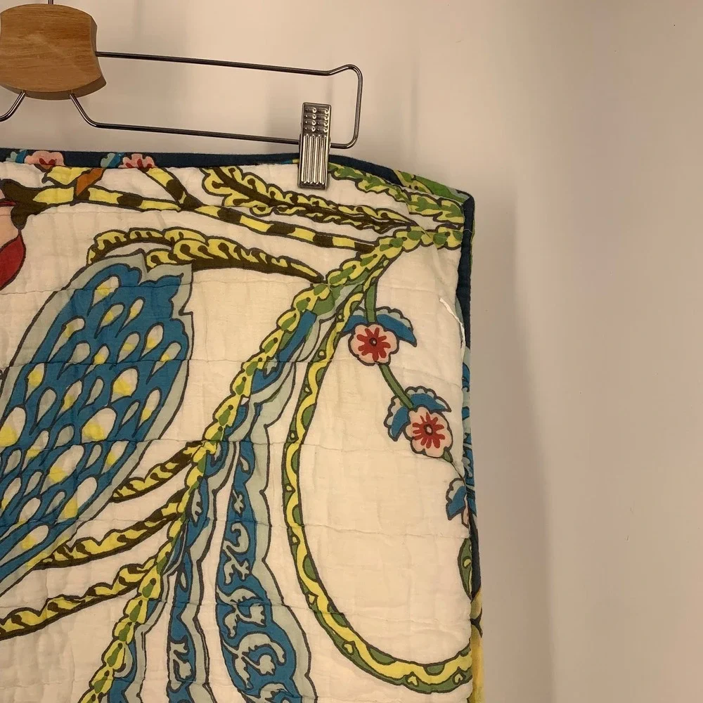 Pottery Barn Kantha Bird‎ Floral Quilted Pillow Sham Navy White Cotton Tie